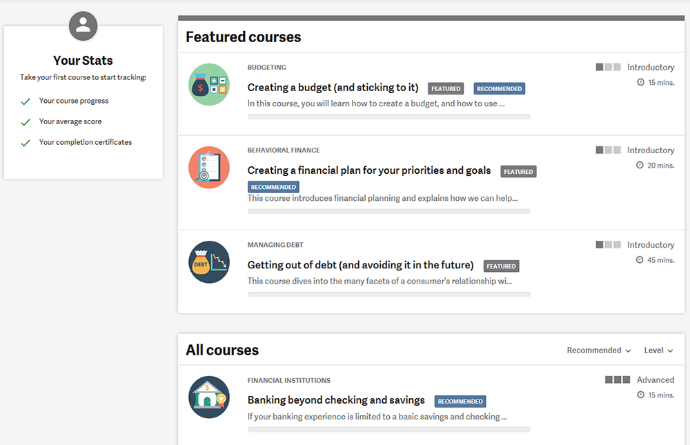 screenshot of Money & Beyond courses interface